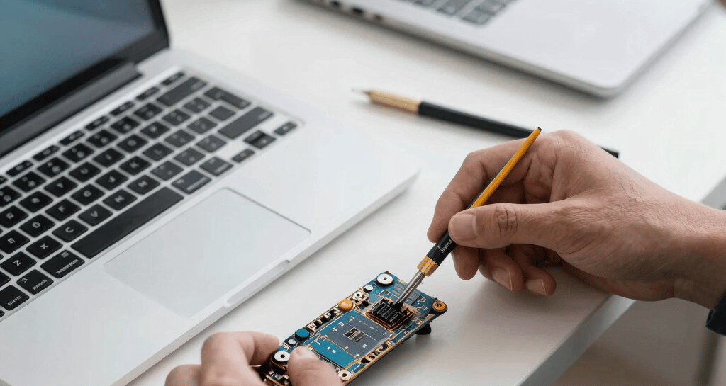 Technician carefully repairing a laptop motherboard with precision tools.