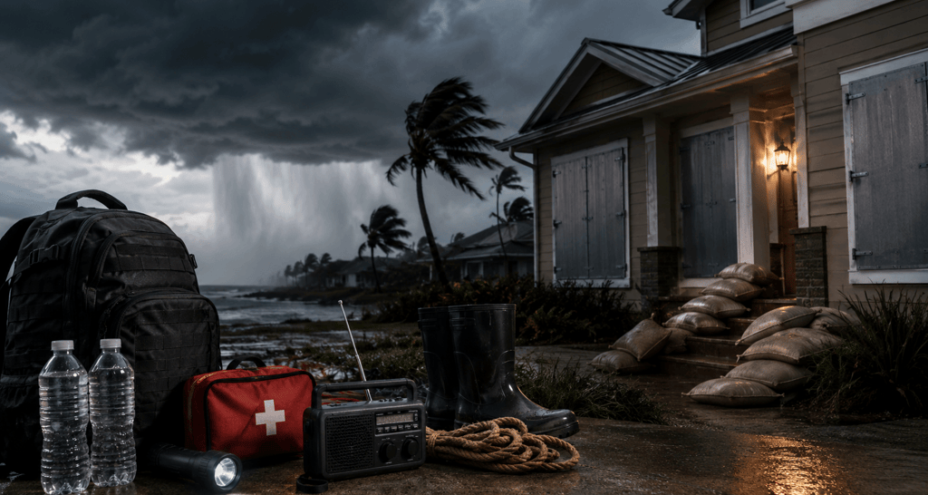Hurricane emergency kit with supplies outside a boarded-up house during a tropical storm.