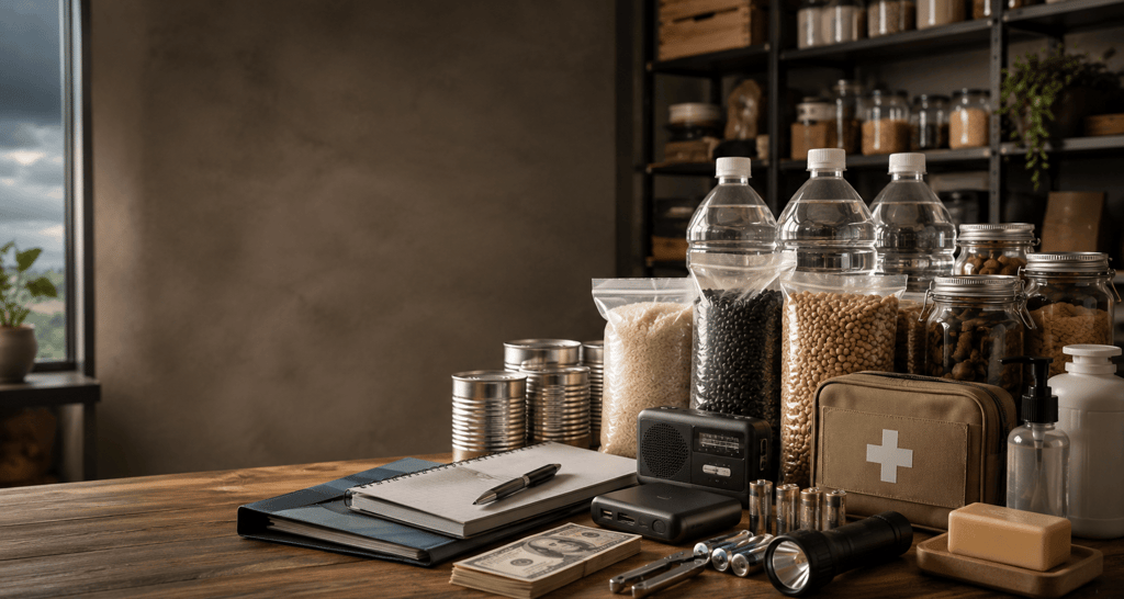 Emergency survival kit with canned food, water bottles, first aid supplies, and flashlight for disaster preparedness.
