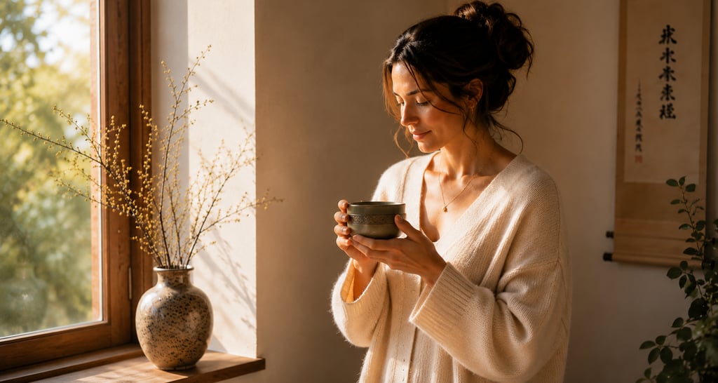 Woman creating a calm and intentional morning ritual at sunrise.