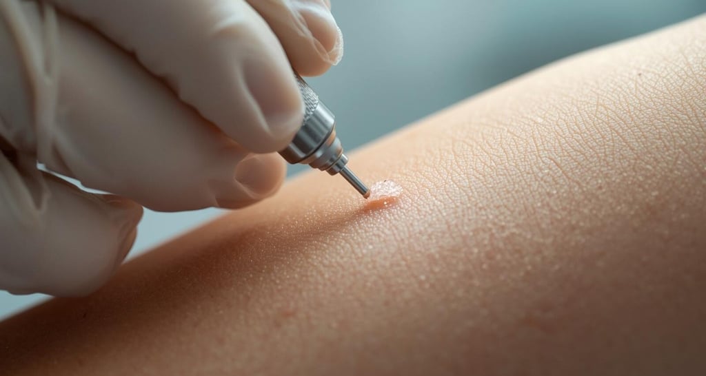 Dermatologist performing a precision cryotherapy treatment on a skin lesion or wart.