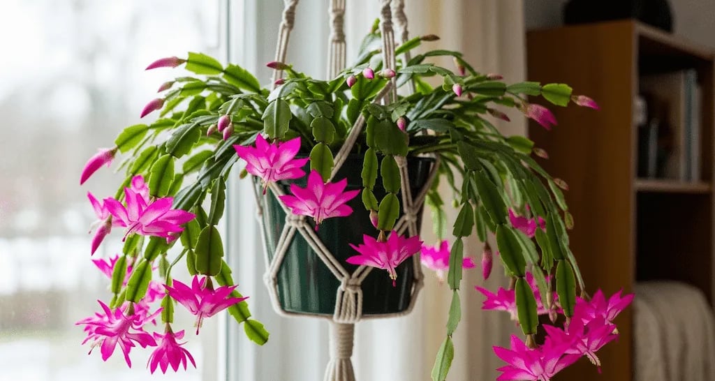 Un Cactus de Navidad (Schlumbergera) colgado en una maceta, lleno de flores rosas