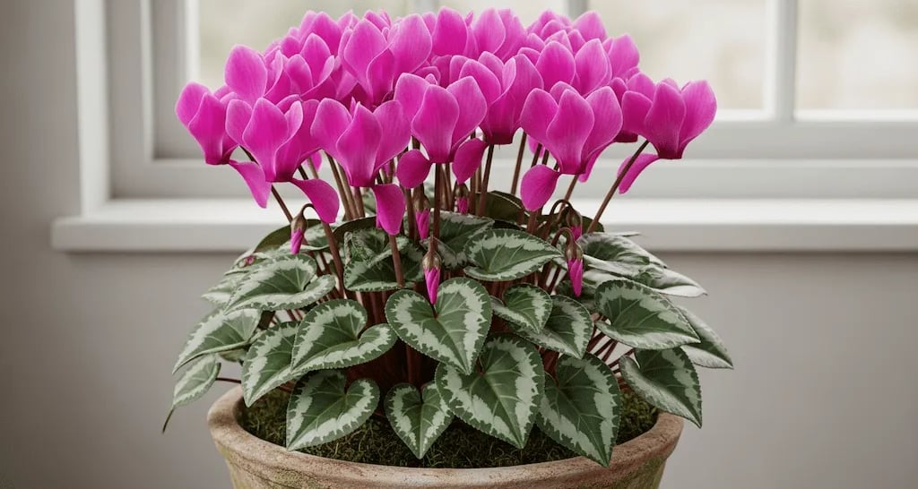 Un Ciclamen en maceta con flores rosas y hojas en forma de corazón, situado en una ventana luminosa.
