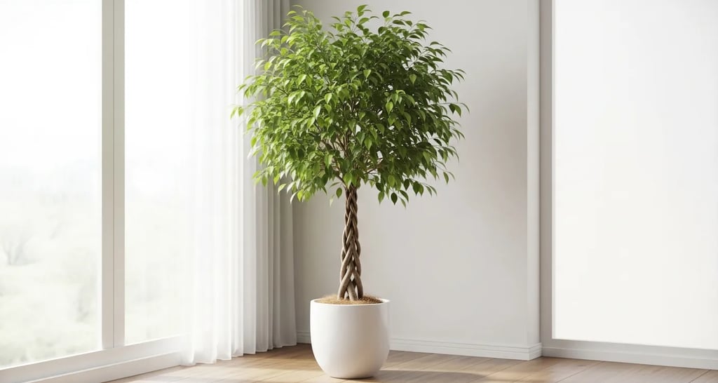 Ficus Benjamina o Ficus Llorón en maceta decorativa en un salón luminoso.