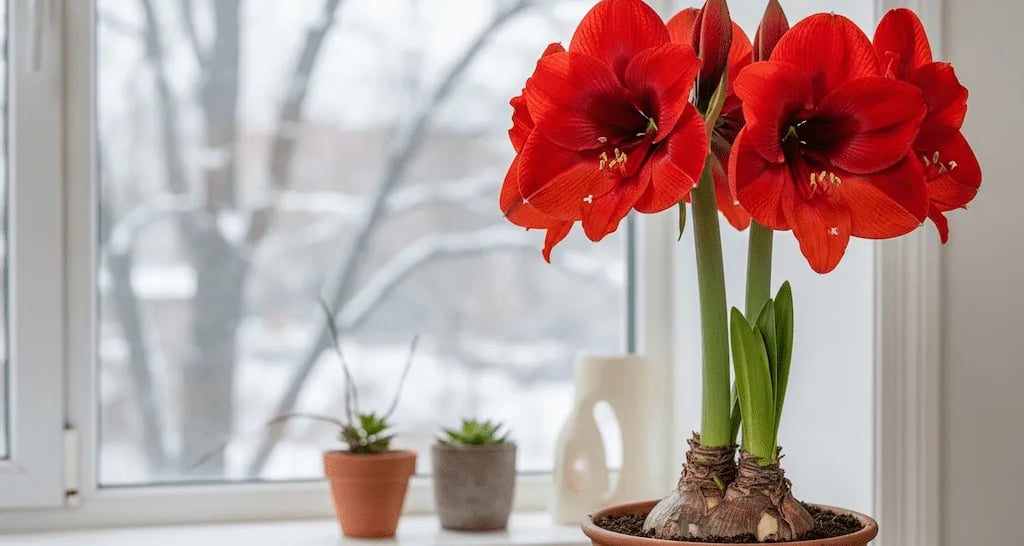 Una planta de Amaryllis en plena floración con grandes flores rojas y el bulbo visible en la maceta.