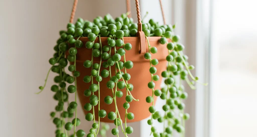 Planta Rosario con sus tallos colgando de una maceta, mostrando sus hojas redondas