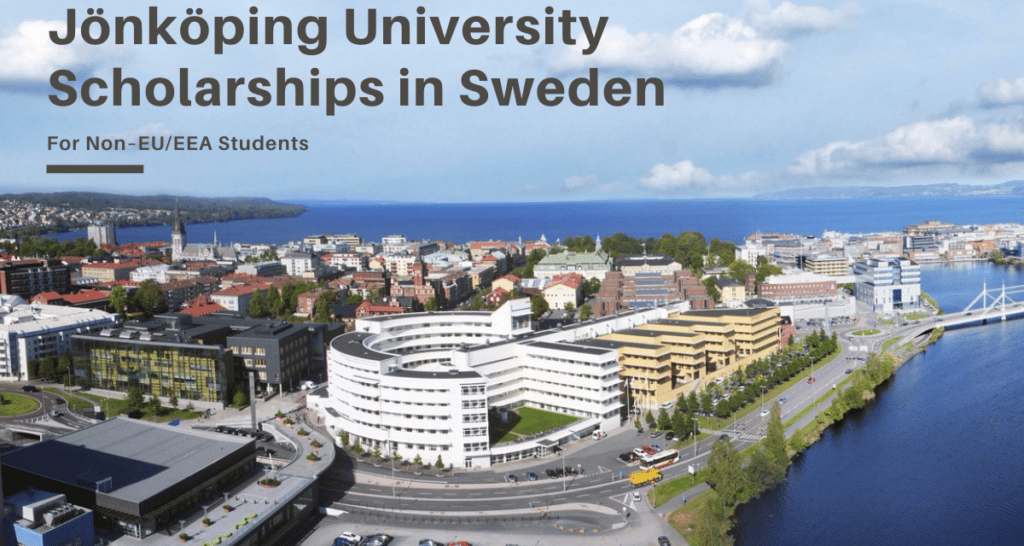 Aerial cityscape view near Jönköping University with a bridge and waterfront showcasing Sweden