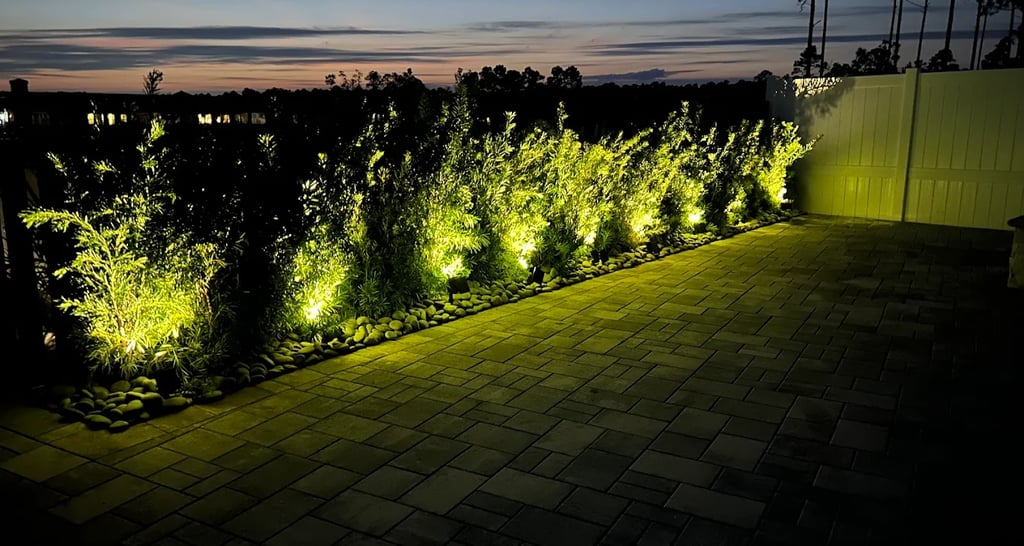 Professional LED landscape lighting illuminating a row of garden shrubs along a stone paver patio at dusk.