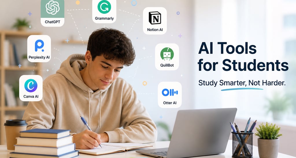 Student using a laptop and notebook with icons for AI tools like ChatGPT, Notion, and Grammarly for studying.