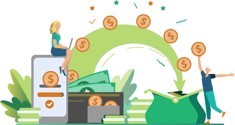Digital funds being disbursed from a mobile device to a senior’s purse, symbolizing online financial