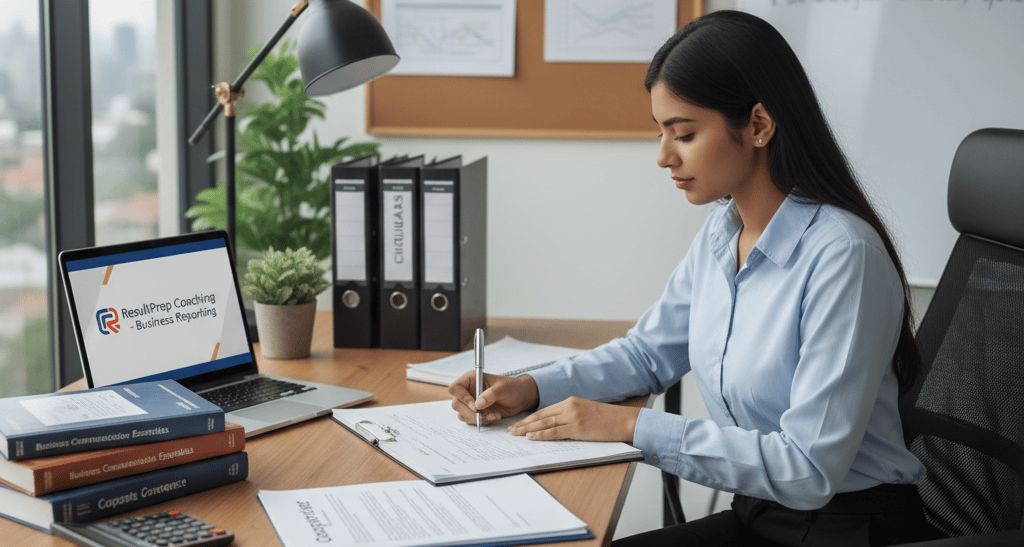 Office desk setup for business reporting and document drafting: laptop, tablet, notebook with flowch