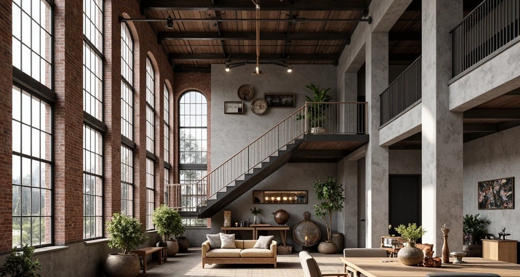 Bardzo wysokie pomieszczenie z surową podłogą. Metalowe schody prowadzą na galerię. Wysokie okna wpuszczają dużo światła