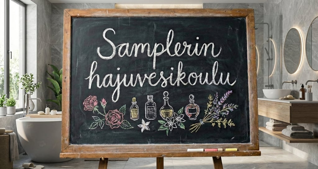 "Samplerin hajuvesikoulu" liitutaululle kirjoitettuna, taustalla moderni kylpyhuone