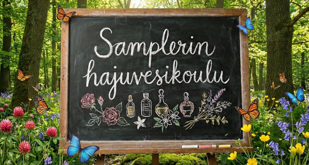 "Samplerin hajuvesikoulu" liitutaululle kirjoitettuna, taustalla aurinkoinen metsämaisema, jossa sammalta, perhosia ja kukkia