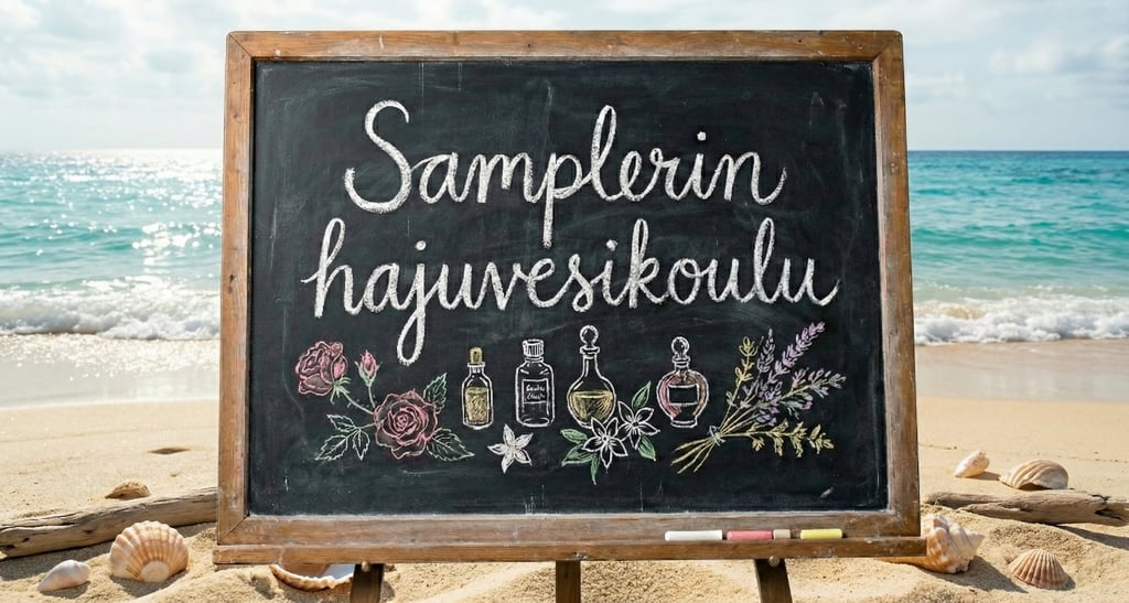 "Samplerin hajuvesikoulu" liitutaululle kirjoitettuna, taustalla ranta ja valtameri