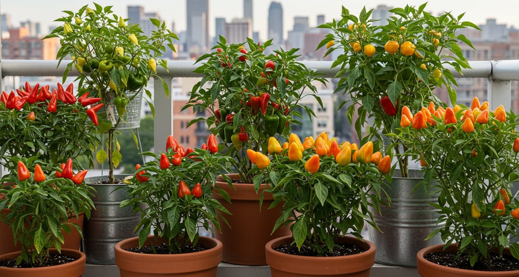 Container pepper plants on small balcony garden
