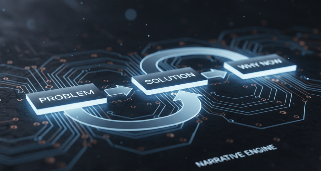 A visual diagram showing the internal logical flow between Problem, Solution, and Why Now inside a p