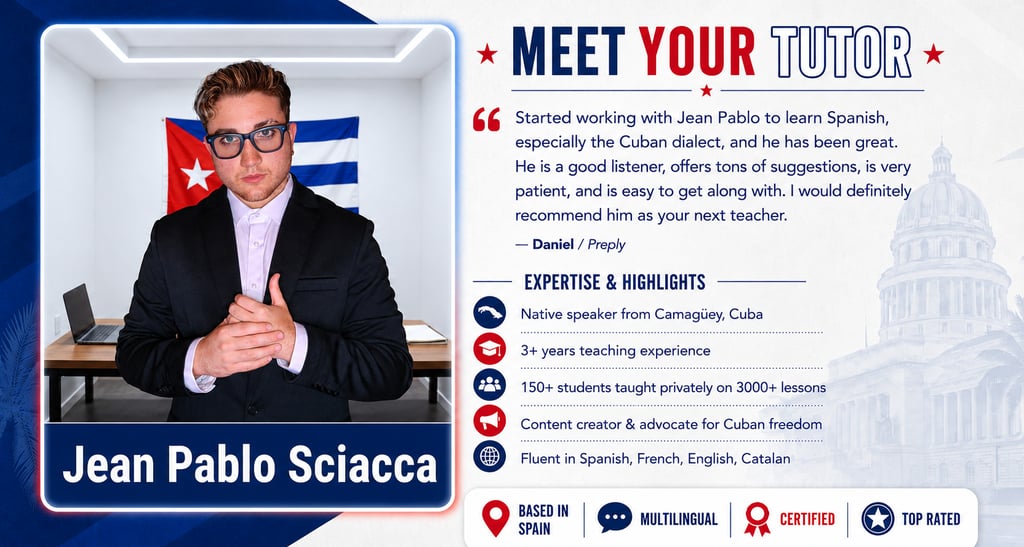 Professional profile of Jean Pablo Sciacca, a native Cuban Spanish tutor offering online language lessons.