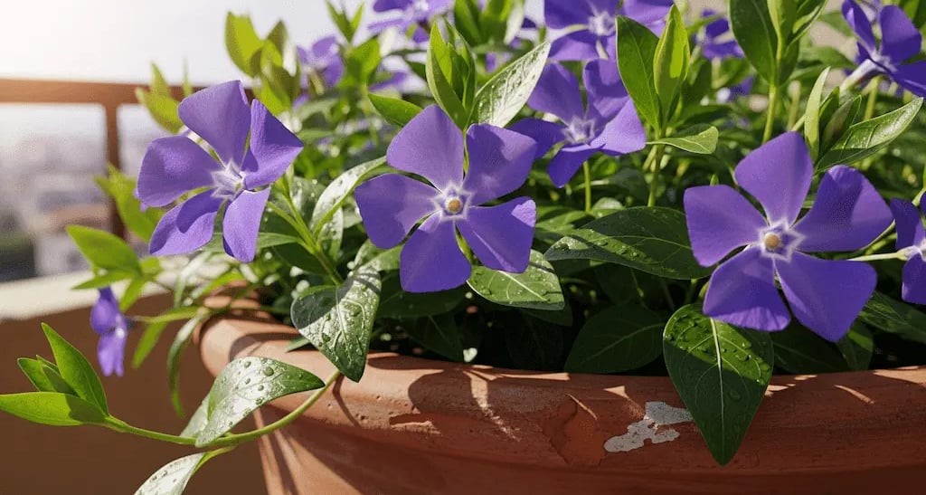 Vinca en flor luciendo sus clásicos colores de flor morada