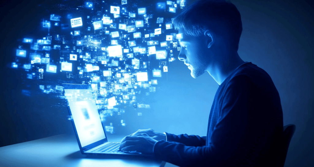 a man sitting at a laptop computer with a laptop on his lap
