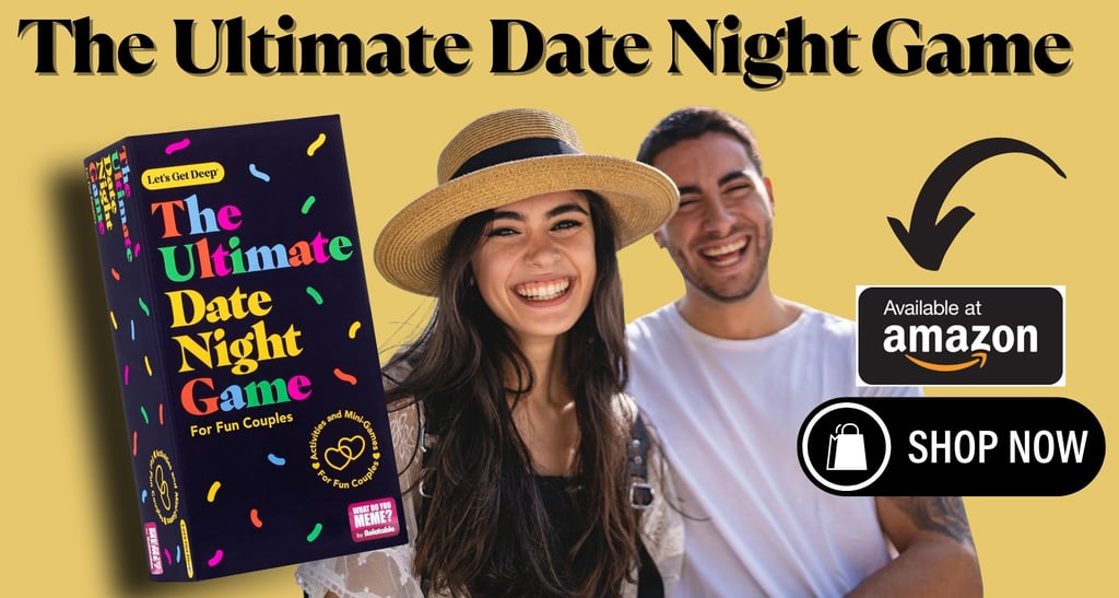 a man and woman holding a game of date night game