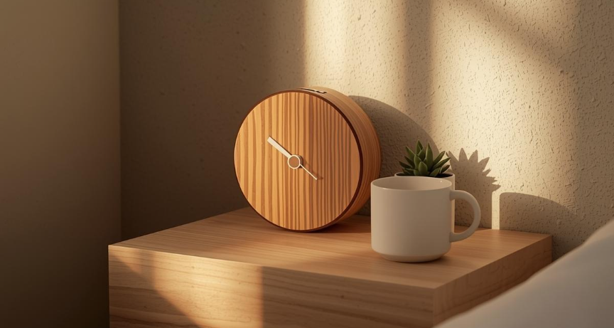Wood-grain smart alarm clocks glowing with sunrise light on a minimalist bedroom nightstand.