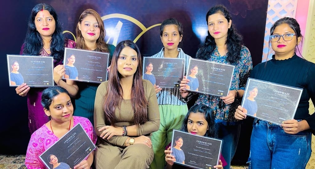 Makeup academy students holding course completion certificates at Stardom by Ashpreet Kaur in Ranchi
