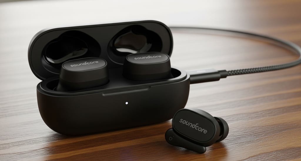 um par de fones de ouvido com um cabo de carregamento conectado a um carregador