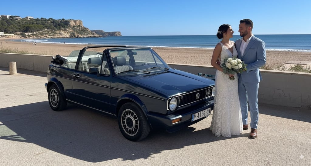 Pareja de novios junto a Volkswagen Golf MK1 Cabriolet 1989 en la playa, coche clásico ideal para bodas.