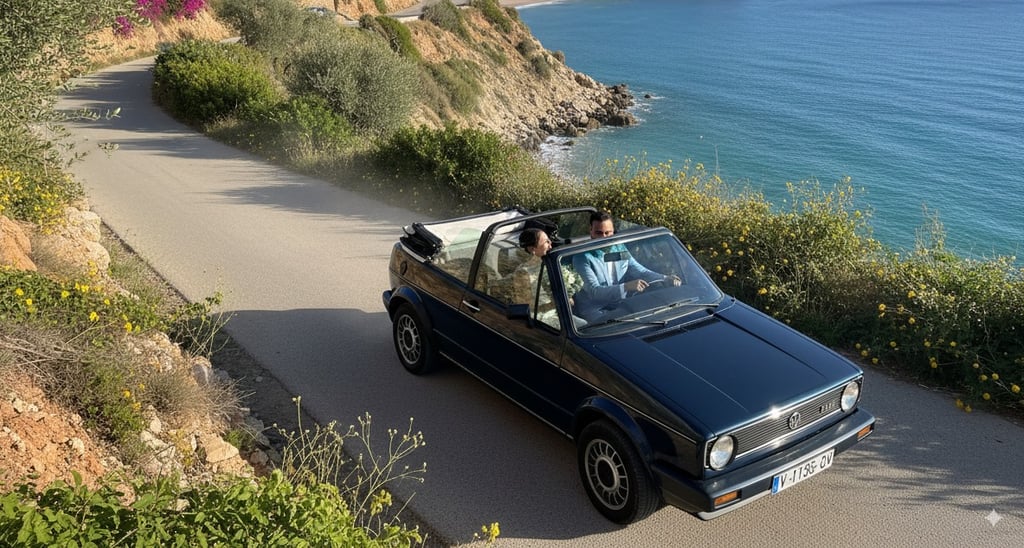 Volkswagen Golf Cabrio azul en carretera costera, coche clásico de alquiler para bodas y eventos en España.