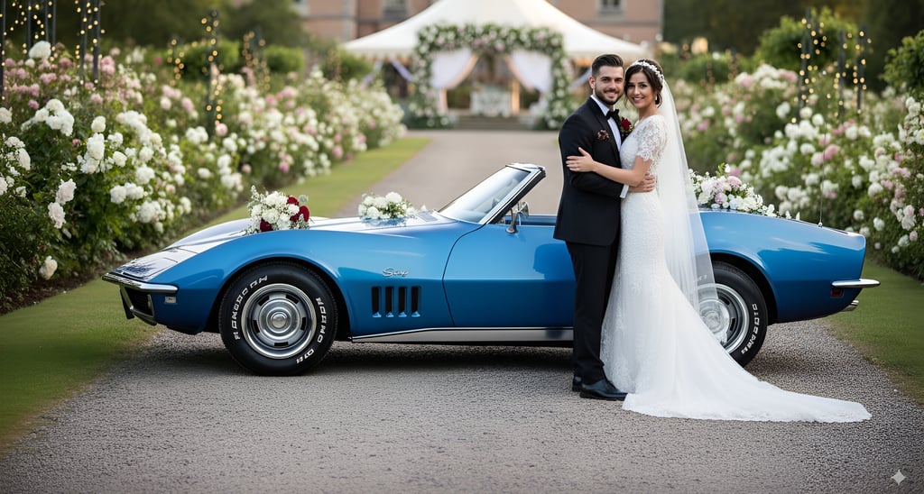 Corvette C3 327 1968 para bodas en España, novios posando frente a coche clásico elegante.