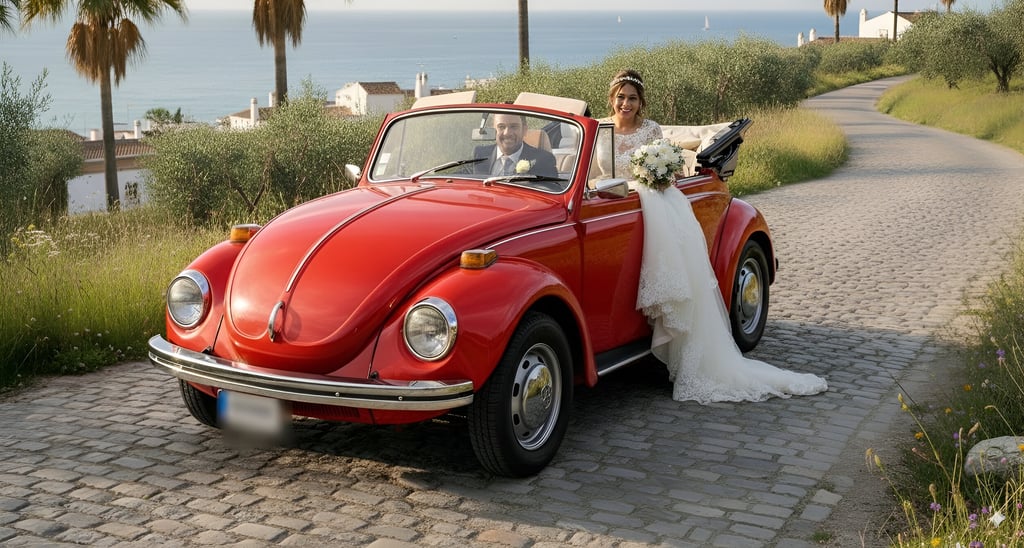 Volkswagen Beetle Cabriolet rojo 1971 para bodas, coche clásico descapotable junto al mar en España.