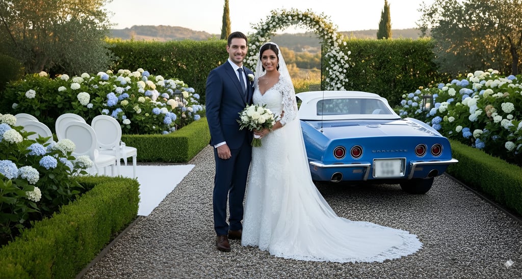 Novios junto a Corvette C3 Stingray 1968 azul en finca de bodas, coche clásico de alquiler en España.