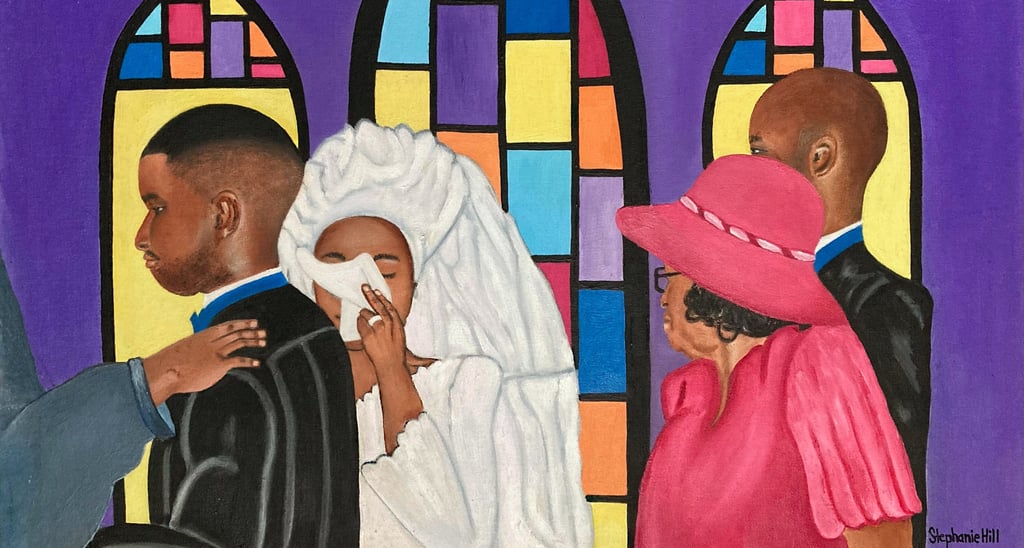 An original oil painting of a happy church wedding scene titled "Tears of Joy"