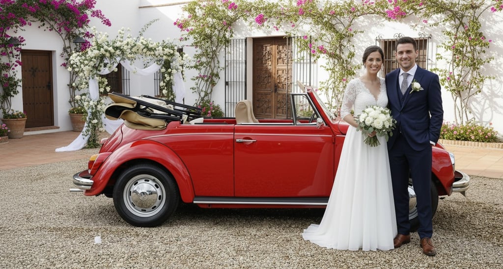 Volkswagen Beetle Cabriolet rojo 1971 para bodas, alquiler de coche clásico con encanto retro en España.