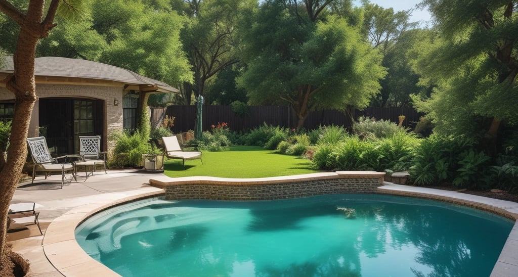 Luxury backyard circular swimming pool with a stone waterfall feature and modern patio landscaping.