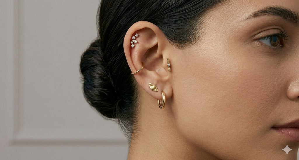 אוזן מעוצבת בסגנון יוקרתי עם עגילי חישוק מזהב ועגילי יהלומים