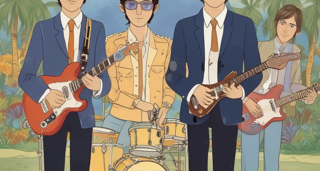 Black and white photo of The Beatles performing live on stage during the 1960s.