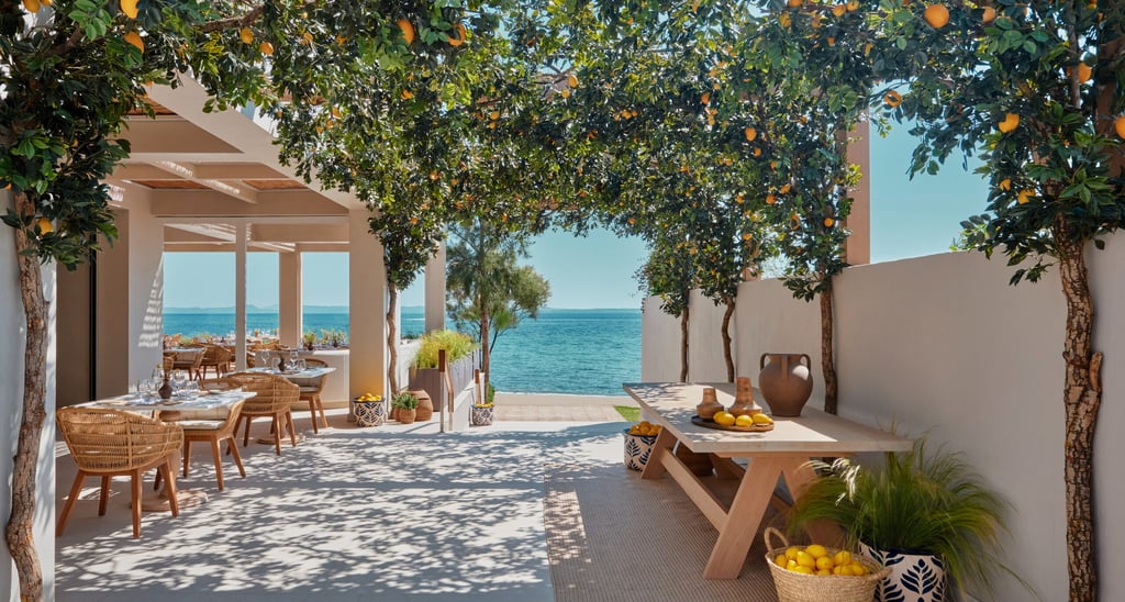 Luxury outdoor Mediterranean restaurant terrace with lemon trees, wicker chairs, and ocean views.