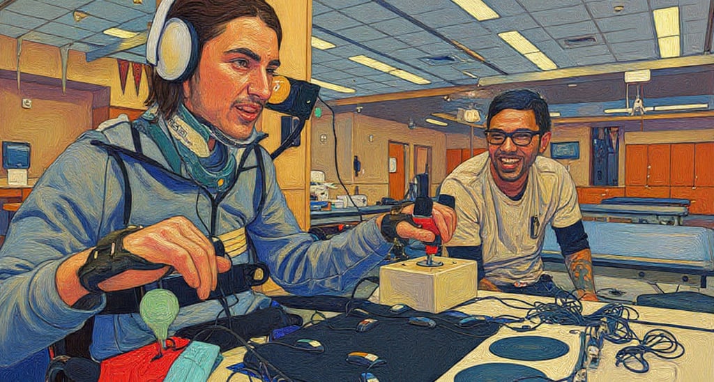 garoto usando tecnologia assistiva para jogar e ter autonomia, amigo do lado sorrindo