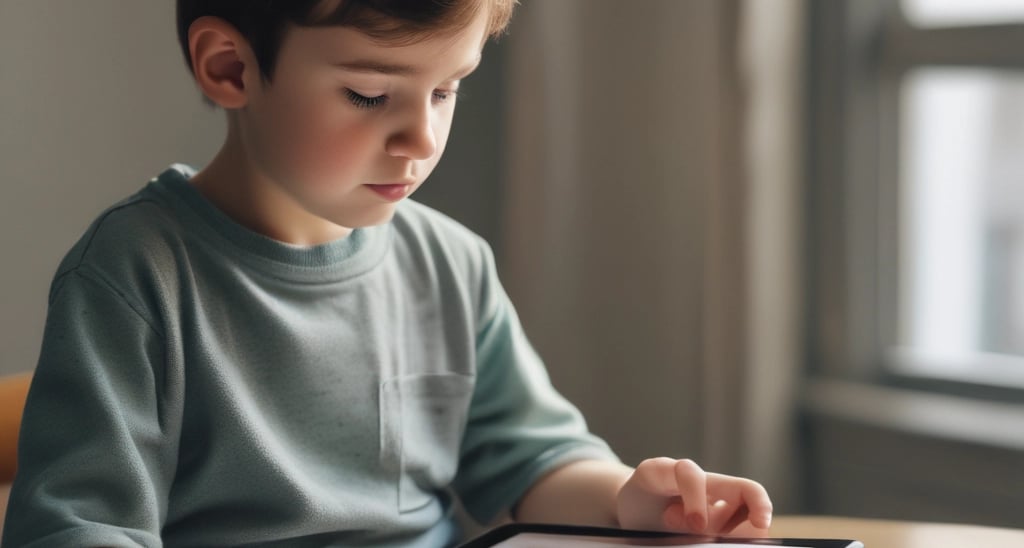 A cozy reading nook with a tablet displaying a colorful children's ebook from ekinderebook.