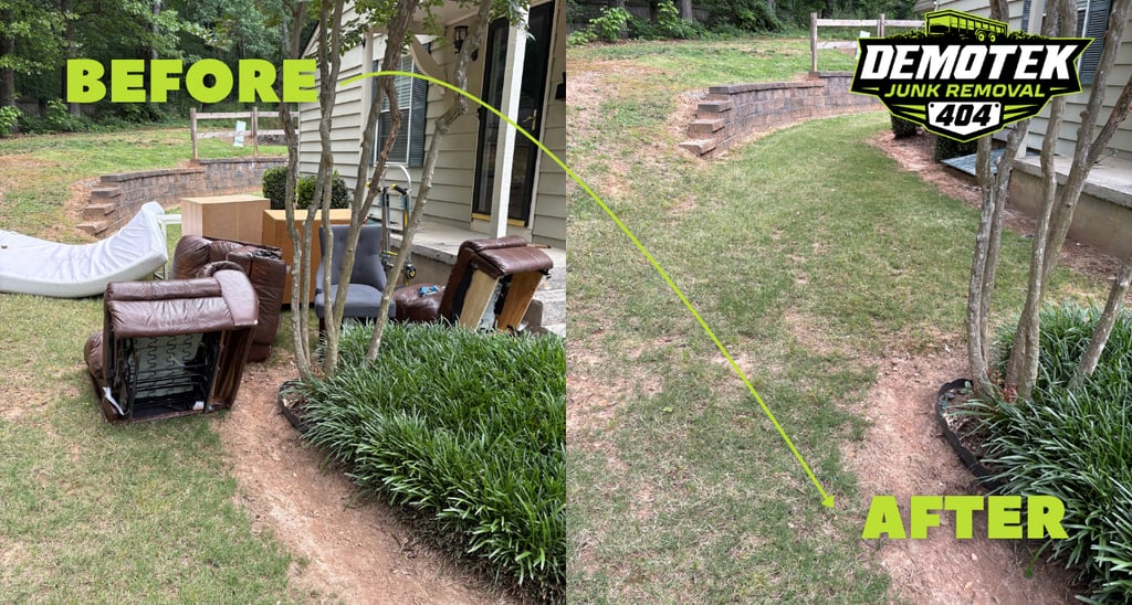 Professional junk removal service showing before and after furniture hauling from a residential yard.