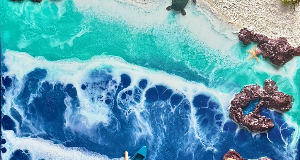 A painting of a surfer in the ocean