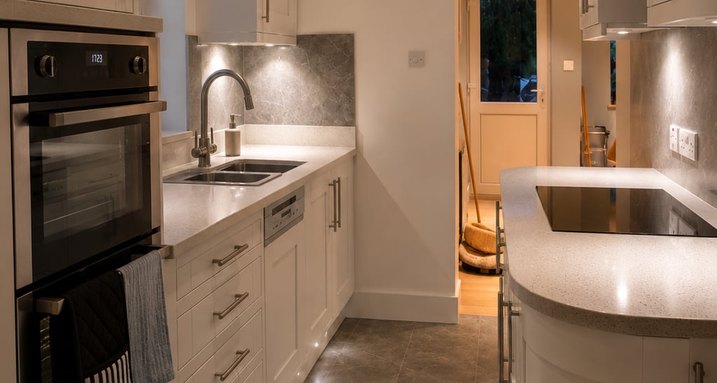 Kitchen with white cabinets, dark tiled floor, built-in double oven, fitted in Cowley.