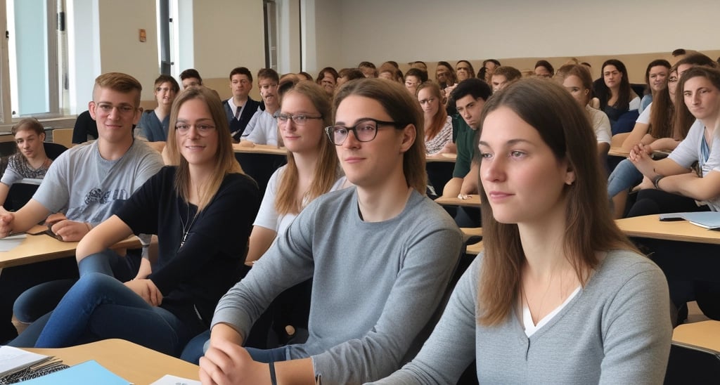 Photo of a lively German language class in session with students engaged and smiling.
