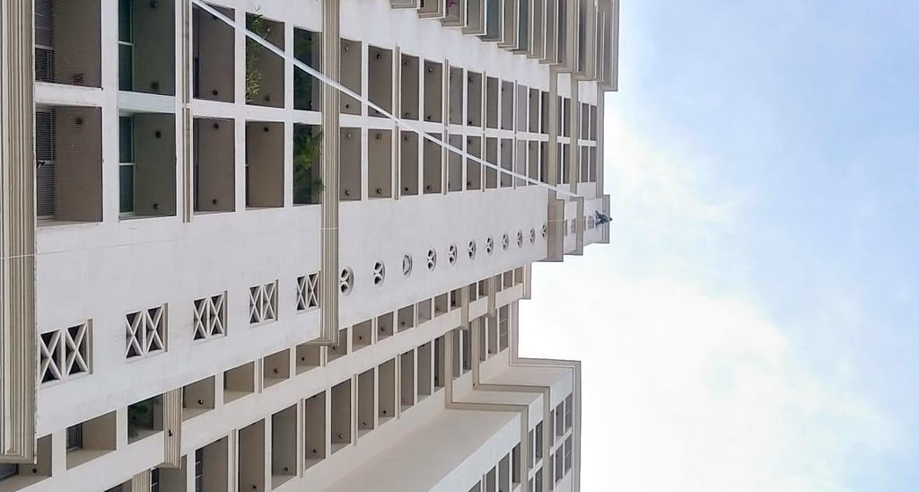 Close-up of a securely installed pigeon net over an apartment duct area, showing fine mesh and sturd