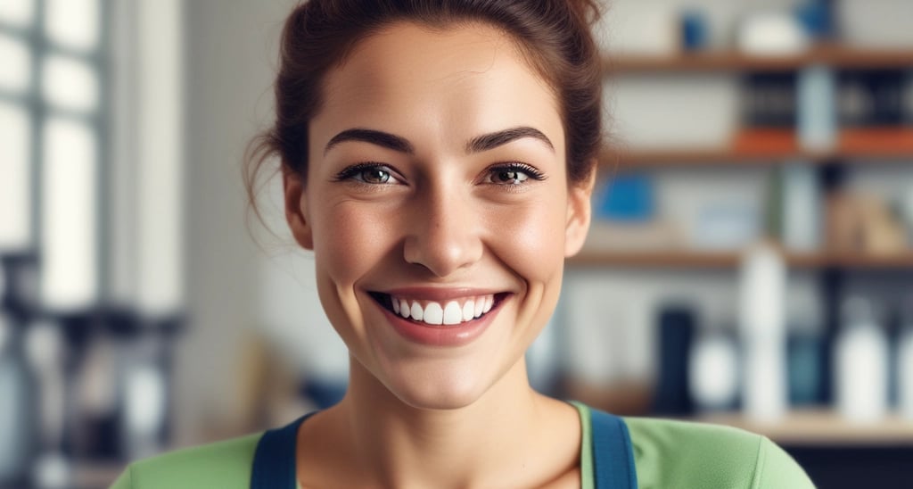 A friendly cleaner in uniform carefully dusting a modern Dubai apartment living room.