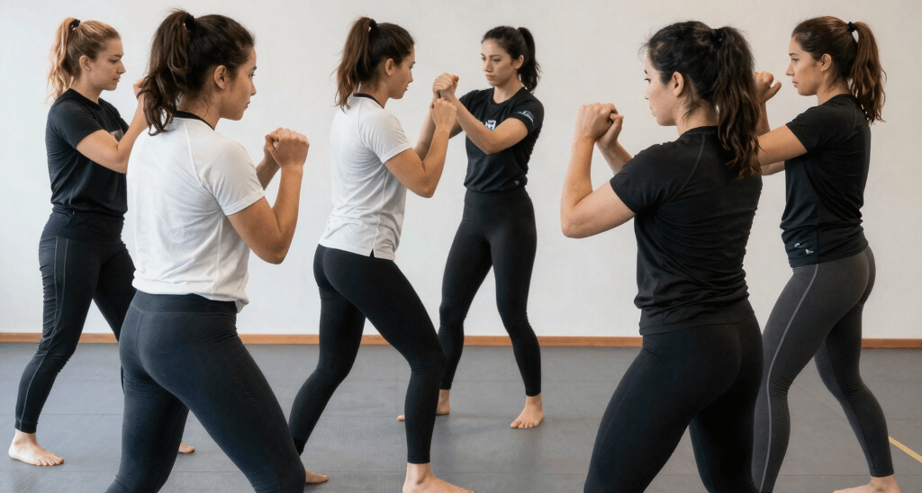 A diverse group of women that are doing self-defence hand to hand