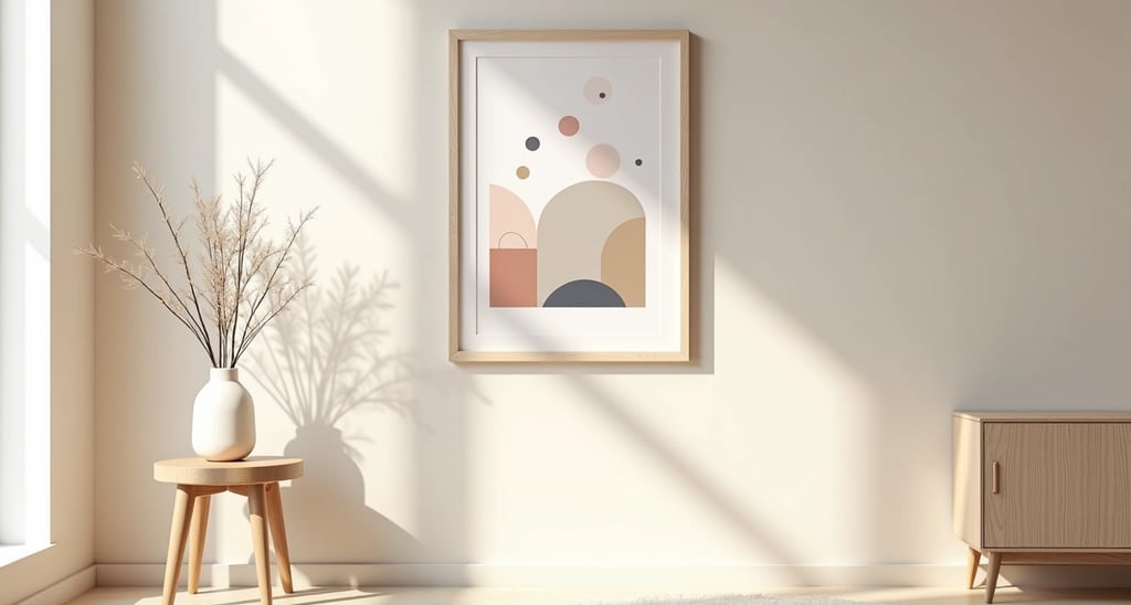 Mockup of minimalist Scandinavian wall art — abstract print in frame on beige wall with soft light.