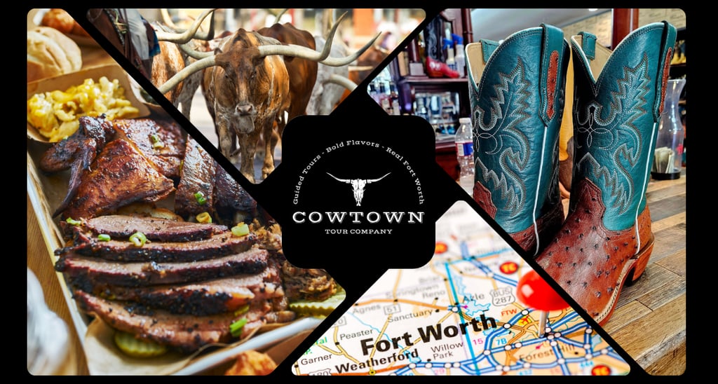 Collage showing a longhorn, ostrich boots, a map showing Fort Worth, and plate of brisket